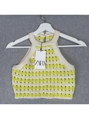 Zara Girls Knit Tank Top Size 9-10 Girls Neon Green And Cream Sleeveless
